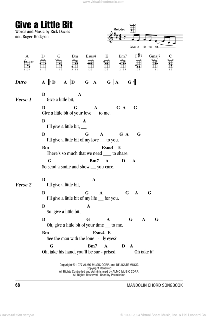 Give A Little Bit sheet music for mandolin (chords only) by Supertramp, Goo Goo Dolls, Rick Davies and Roger Hodgson, intermediate skill level