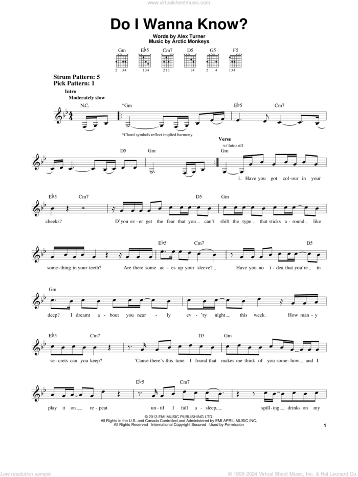 Do I Wanna Know? sheet music for guitar solo (chords) by Arctic Monkeys and Alex Turner, easy guitar (chords)