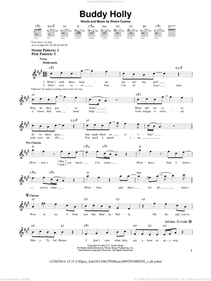 Buddy Holly sheet music for guitar solo (chords) by Weezer and Rivers Cuomo, easy guitar (chords)