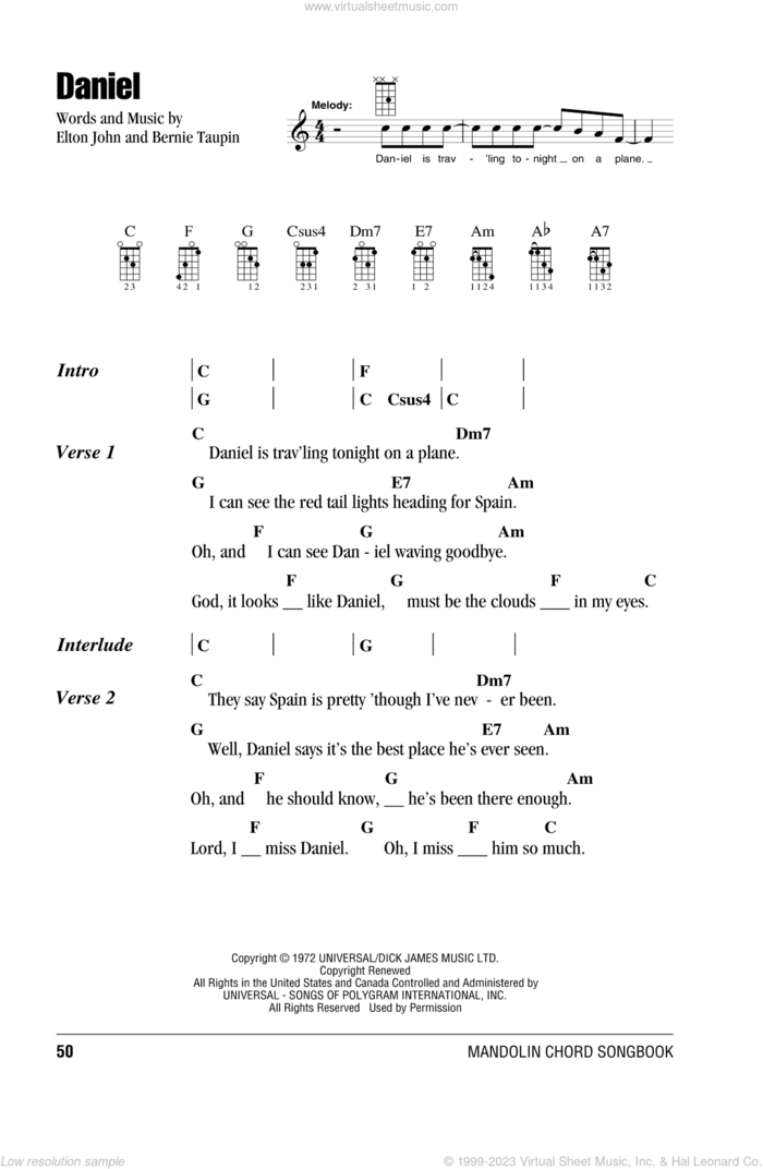 Daniel sheet music for mandolin (chords only) by Elton John and Bernie Taupin, intermediate skill level