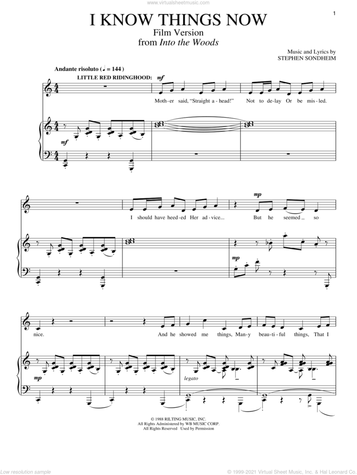 I Know Things Now (Film Version) (from Into The Woods) sheet music for voice and piano by Stephen Sondheim, intermediate skill level