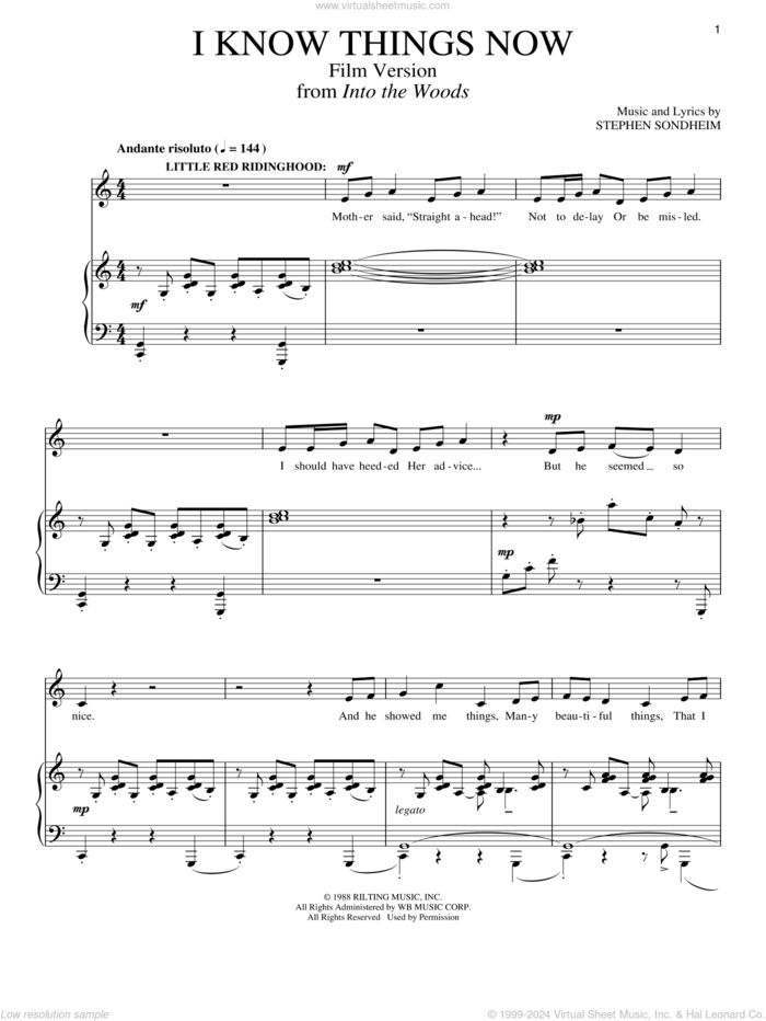 I Know Things Now (Film Version) (from Into The Woods) sheet music for voice and piano by Stephen Sondheim, intermediate skill level