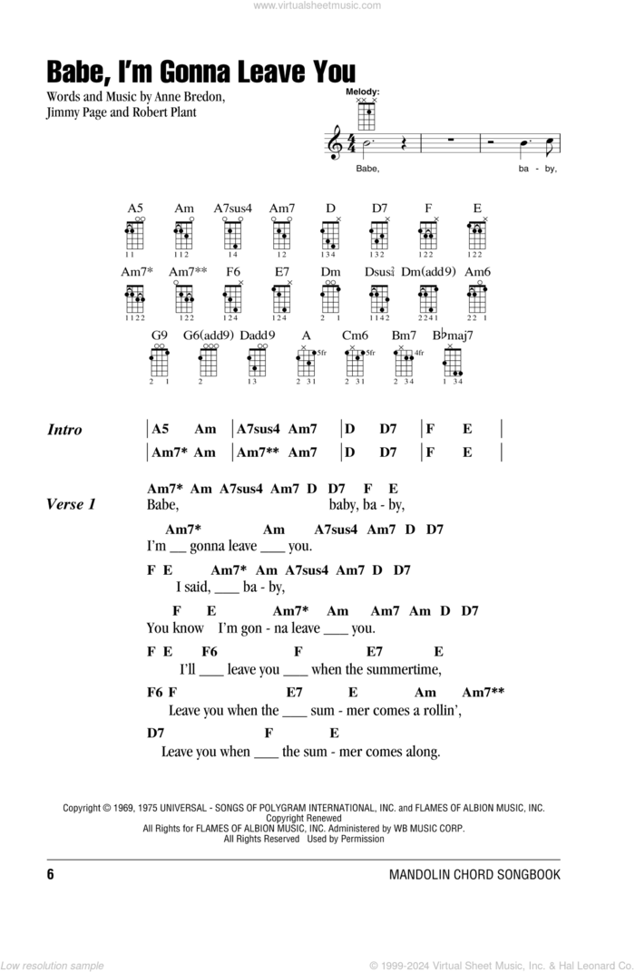 Babe, I'm Gonna Leave You sheet music for mandolin (chords only) by Led Zeppelin, Anne Bredon, Jimmy Page and Robert Plant, intermediate skill level