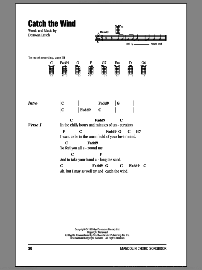 Catch The Wind sheet music for mandolin (chords only) by Walter Donovan and Donovan Leitch, intermediate skill level
