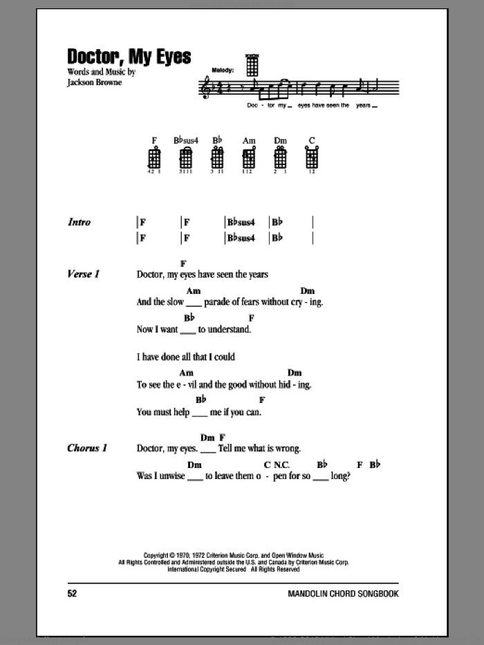 Doctor, My Eyes sheet music for mandolin (chords only) by Jackson Browne, intermediate skill level