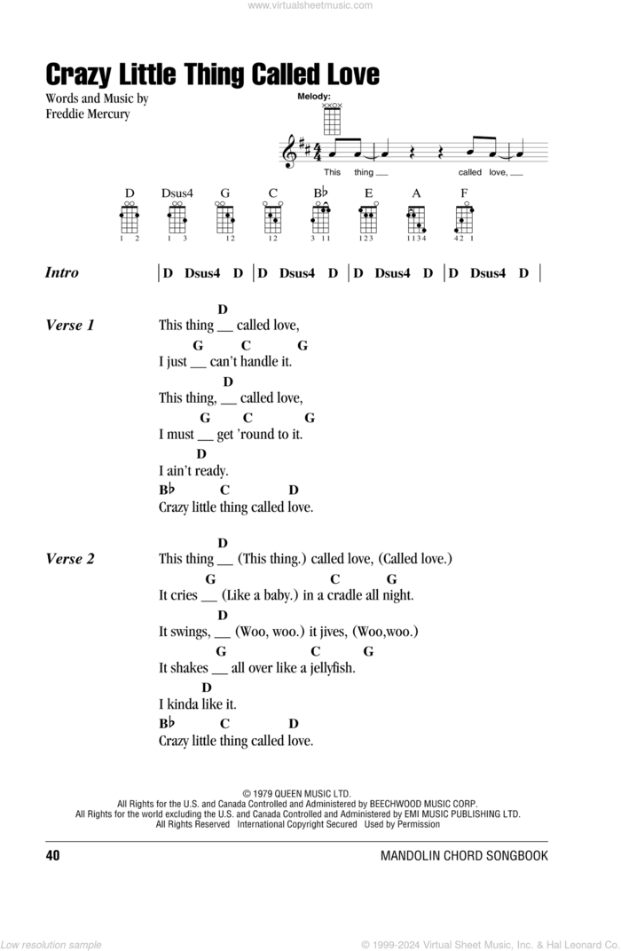 Crazy Little Thing Called Love sheet music for mandolin (chords only) by Queen, Dwight Yoakam and Freddie Mercury, intermediate skill level