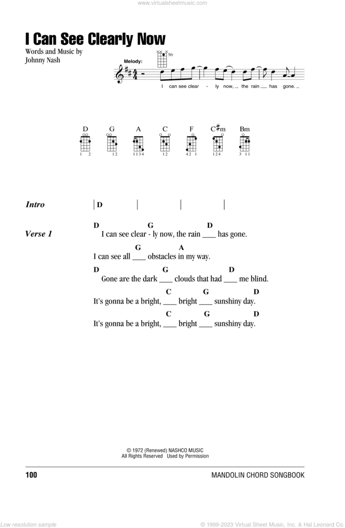 I Can See Clearly Now sheet music for mandolin (chords only) by Jimmy Cliff and Johnny Nash, intermediate skill level