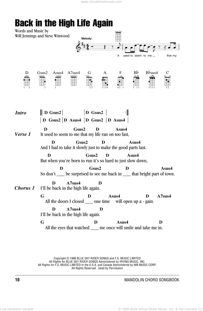 Back In The High Life Again sheet music for mandolin (chords only) by Steve Winwood and Will Jennings, intermediate skill level