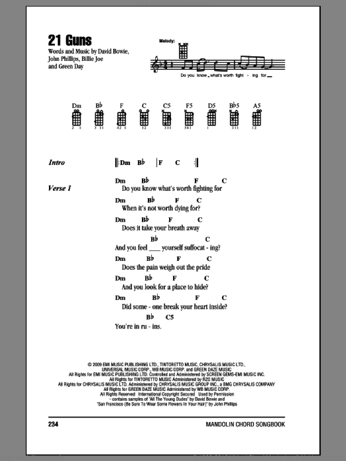 21 Guns sheet music for mandolin (chords only) by Green Day, Billie Joe, David Bowie and John Phillips, intermediate skill level