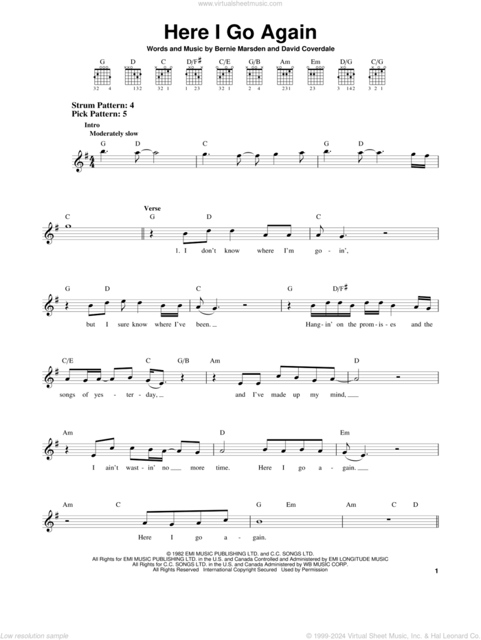 Here I Go Again sheet music for guitar solo (chords) by Whitesnake, Bernie Marsden and David Coverdale, easy guitar (chords)