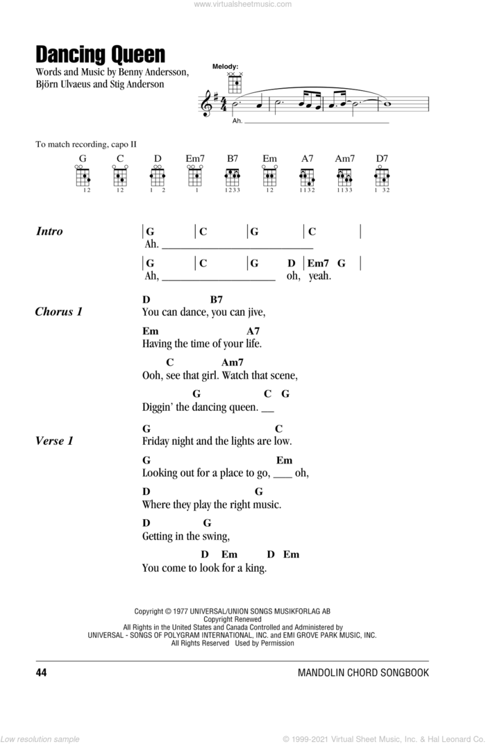 Dancing Queen sheet music for mandolin (chords only) by ABBA, Benny Andersson, Bjorn Ulvaeus and Stig Anderson, intermediate skill level