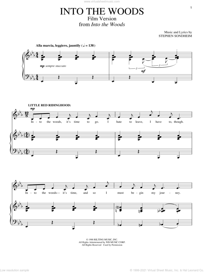 Into The Woods (Film Version) sheet music for voice and piano by Stephen Sondheim, intermediate skill level