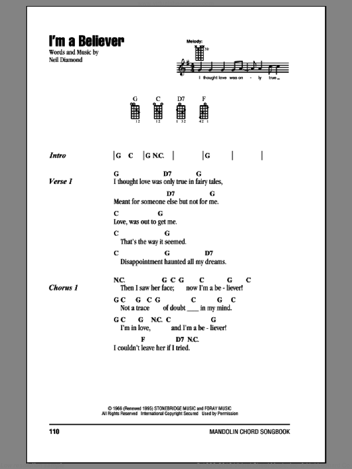 I'm A Believer sheet music for mandolin (chords only) by The Monkees, Smash Mouth and Neil Diamond, intermediate skill level