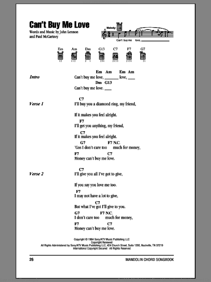 Can't Buy Me Love sheet music for mandolin (chords only) by The Beatles, John Lennon and Paul McCartney, intermediate skill level