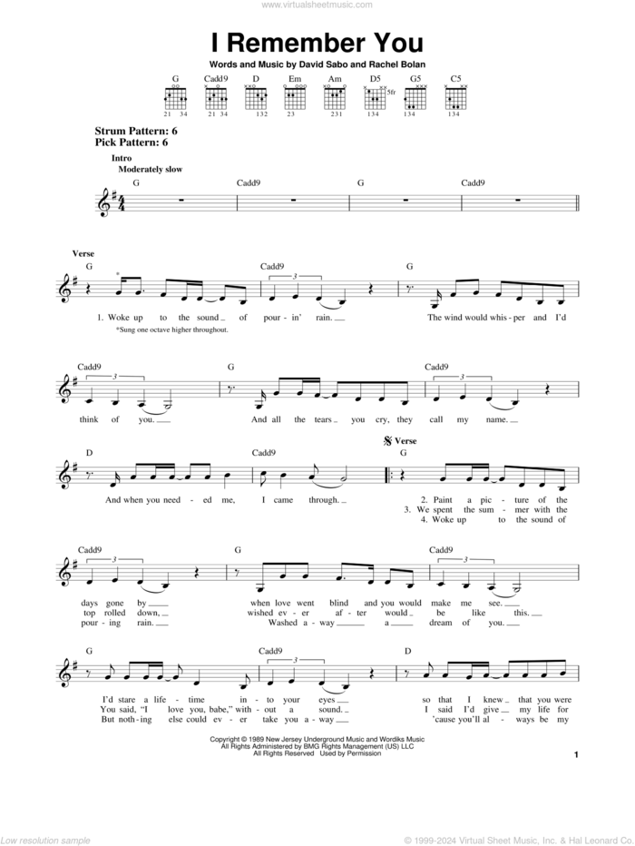 I Remember You sheet music for guitar solo (chords) by Skid Row, David Sabo and Rachel Bolan, easy guitar (chords)