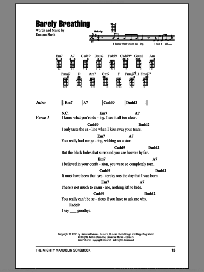 Barely Breathing sheet music for mandolin (chords only) by Duncan Sheik, intermediate skill level