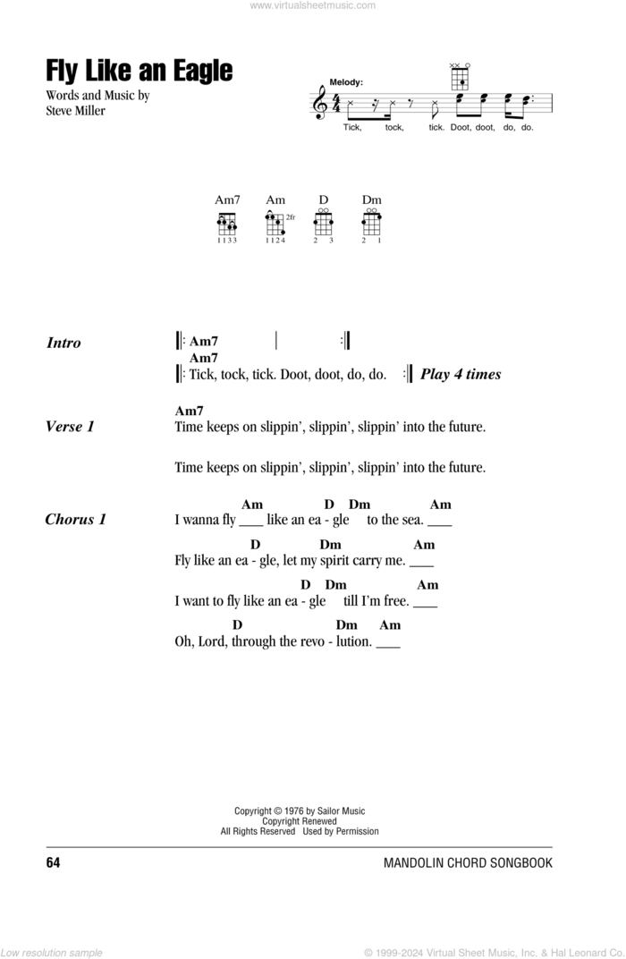 Fly Like An Eagle sheet music for mandolin (chords only) by Steve Miller Band, Manuel Seal and Steve Miller, intermediate skill level