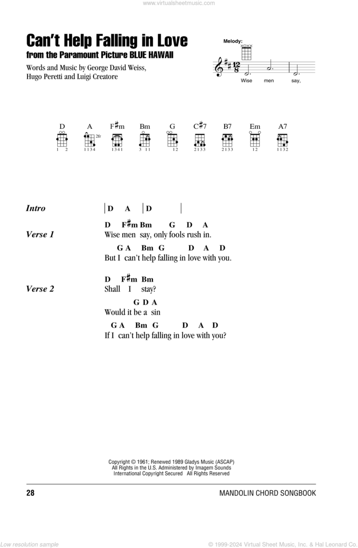 Can't Help Falling In Love sheet music for mandolin (chords only) by Elvis Presley, George David Weiss, Hugo Peretti and Luigi Creatore, wedding score, intermediate skill level