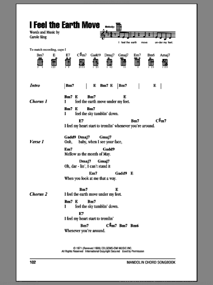 I Feel The Earth Move sheet music for mandolin (chords only) by Carole King, intermediate skill level
