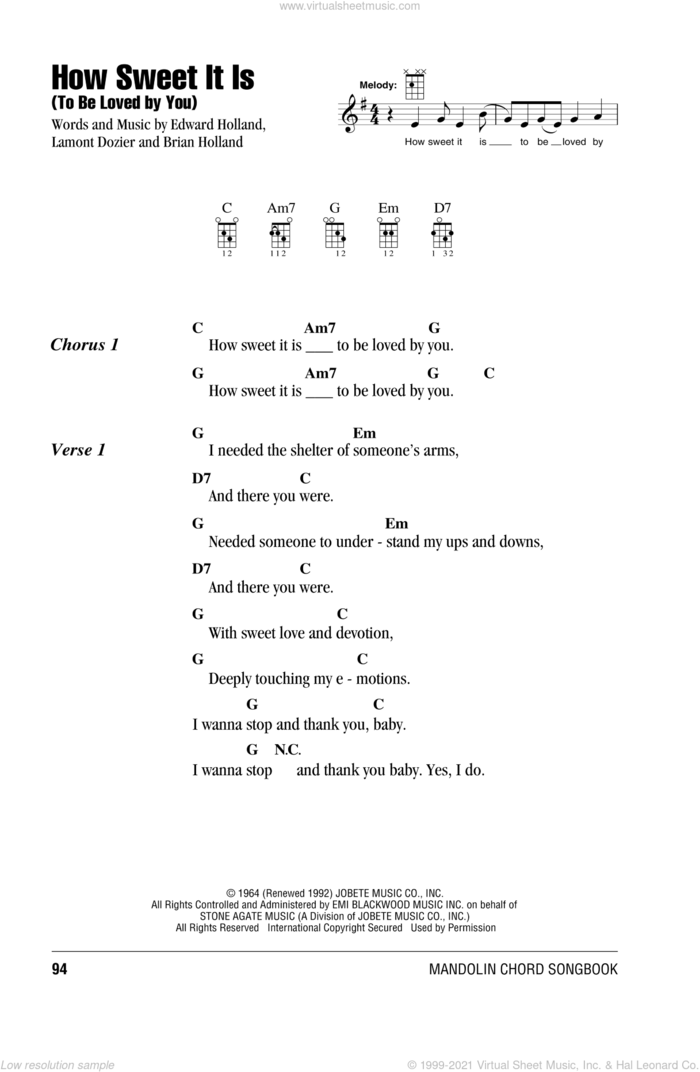 How Sweet It Is (To Be Loved By You) sheet music for mandolin (chords only) by James Taylor, Marvin Gaye, Brian Holland, Eddie Holland and Lamont Dozier, intermediate skill level