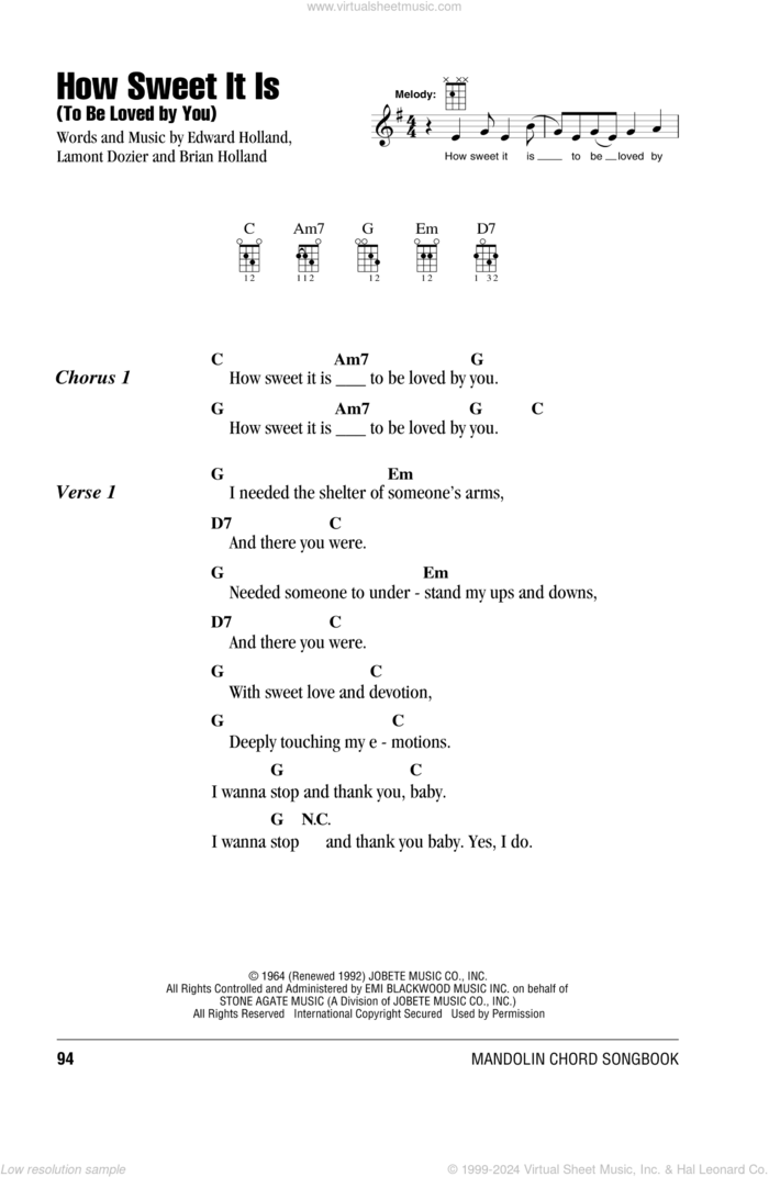 How Sweet It Is (To Be Loved By You) sheet music for mandolin (chords only) by James Taylor, Marvin Gaye, Brian Holland, Eddie Holland and Lamont Dozier, intermediate skill level