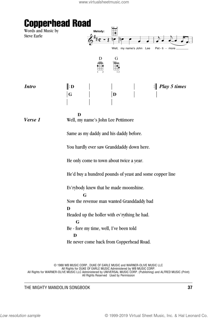 Copperhead Road sheet music for mandolin (chords only) by Steve Earle, intermediate skill level