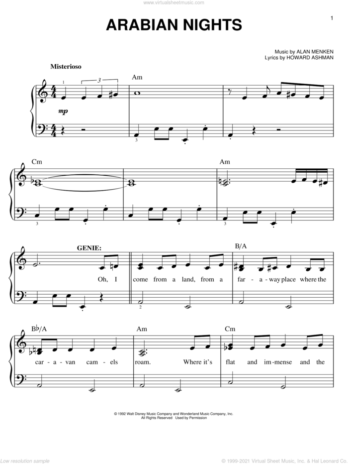 Arabian Nights (from Aladdin: The Broadway Musical) sheet music for piano solo by Alan Menken and Howard Ashman, easy skill level