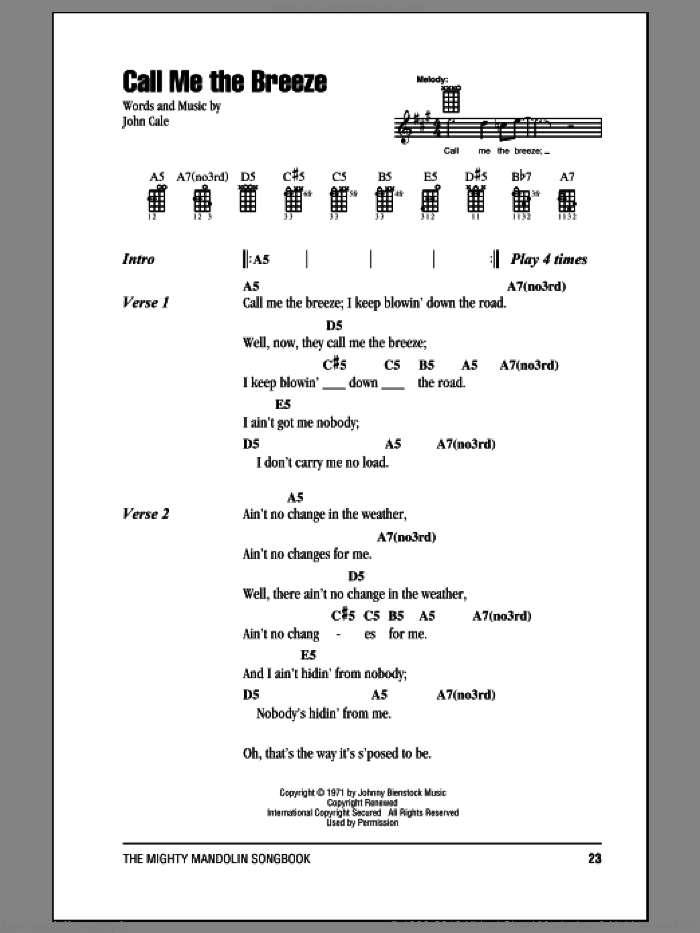 Call Me The Breeze sheet music for mandolin (chords only) by Lynyrd Skynyrd and John Cale, intermediate skill level