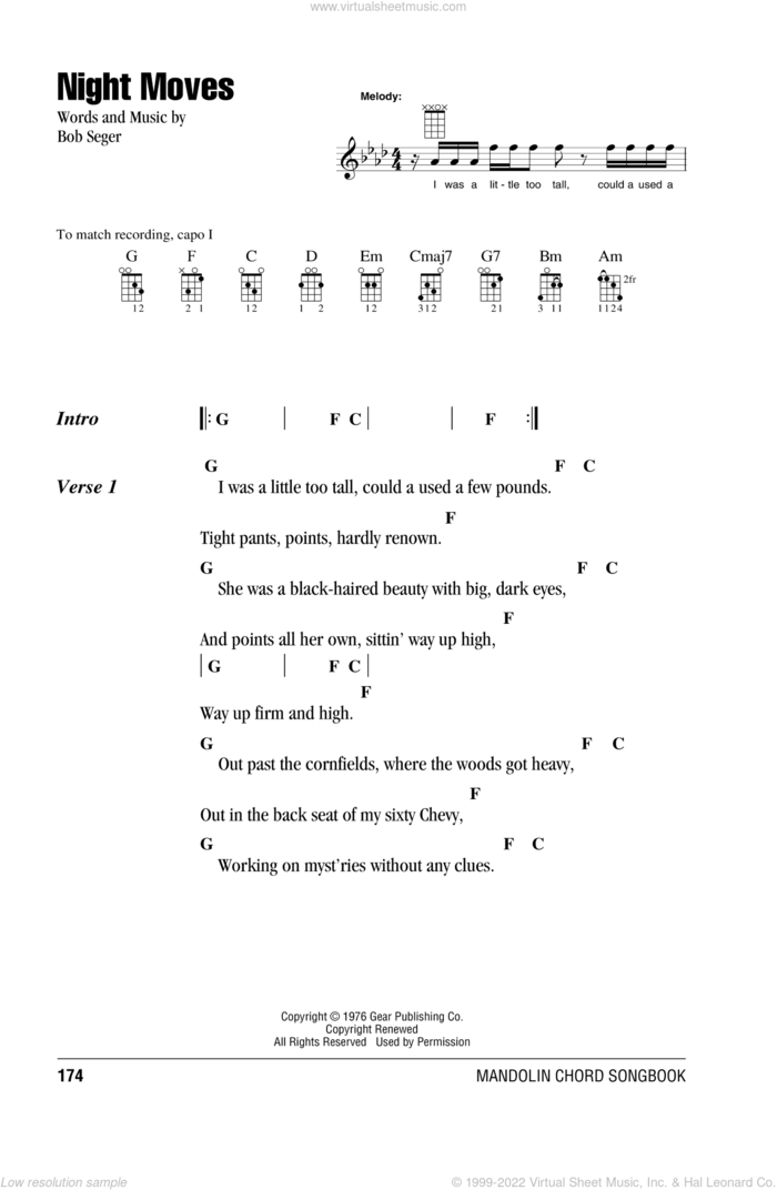 Night Moves sheet music for mandolin (chords only) by Bob Seger, intermediate skill level