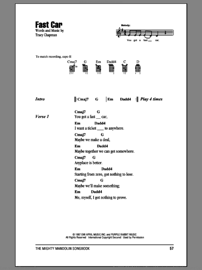 Fast Car sheet music for mandolin (chords only) by Tracy Chapman, intermediate skill level