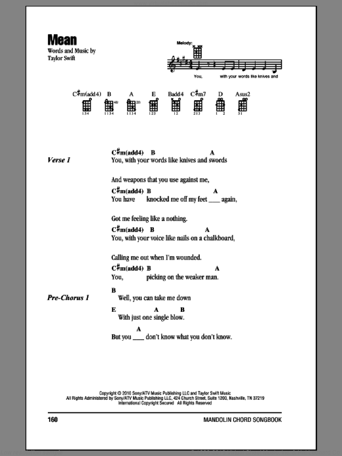 Mean sheet music for mandolin (chords only) by Taylor Swift, intermediate skill level