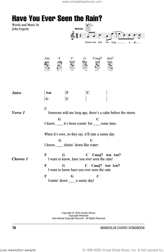 Have You Ever Seen The Rain? sheet music for mandolin (chords only) by Creedence Clearwater Revival and John Fogerty, intermediate skill level