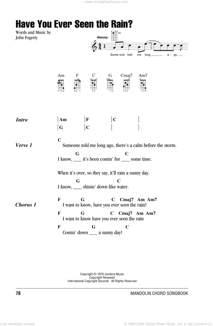 Have You Ever Seen The Rain? sheet music for mandolin (chords only) by Creedence Clearwater Revival and John Fogerty, intermediate skill level