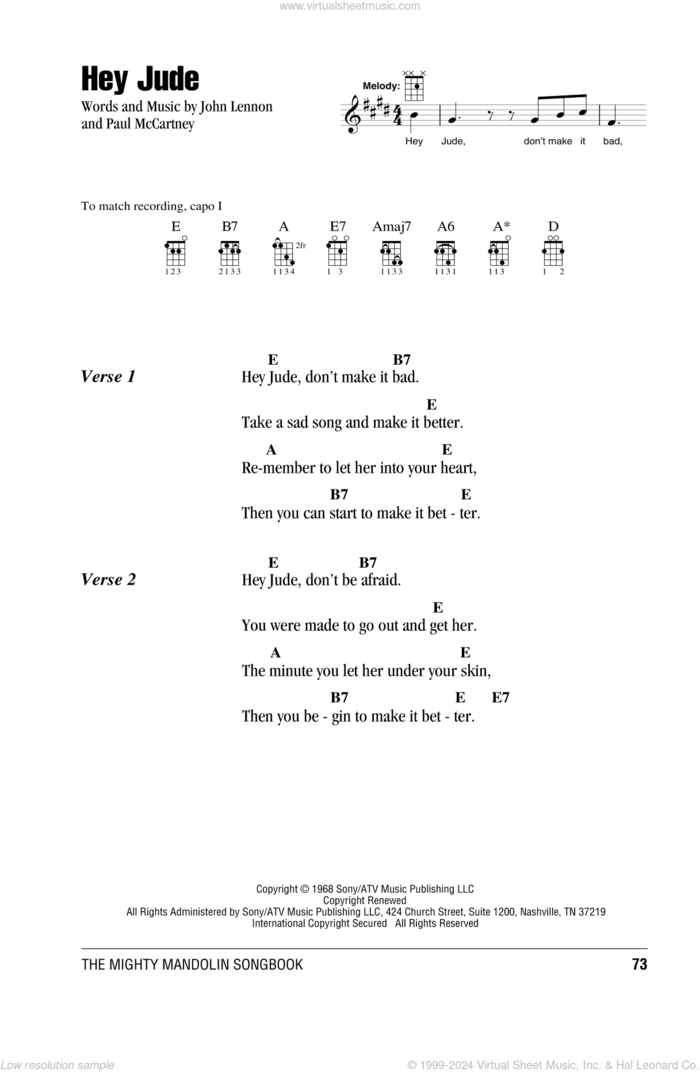 Hey Jude sheet music for mandolin (chords only) by The Beatles, John Lennon and Paul McCartney, intermediate skill level