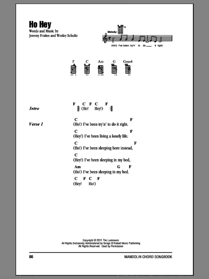 Ho Hey sheet music for mandolin (chords only) by The Lumineers, Lennon & Maisy, Jeremy Fraites and Wesley Schultz, intermediate skill level