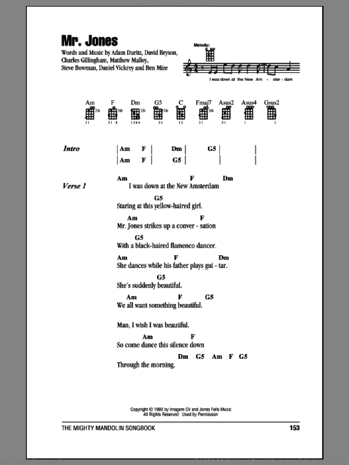 Mr. Jones sheet music for mandolin (chords only) by Counting Crows, Adam Duritz, Ben Mize, Charles Gillingham, Dan Vickrey, David Bryson, Matthew Malley and Steve Bowman, intermediate skill level