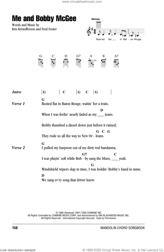 Me And Bobby McGee sheet music for mandolin (chords only) by Janis Joplin and Kris Kristofferson, intermediate skill level