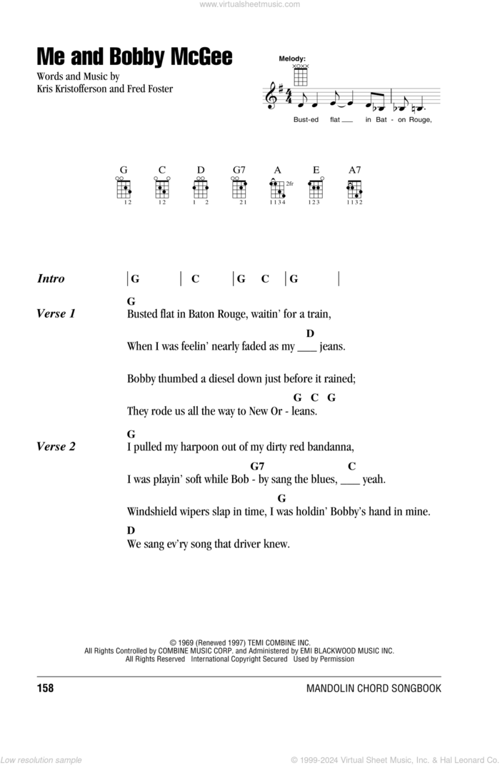 Me And Bobby McGee sheet music for mandolin (chords only) by Janis Joplin and Kris Kristofferson, intermediate skill level