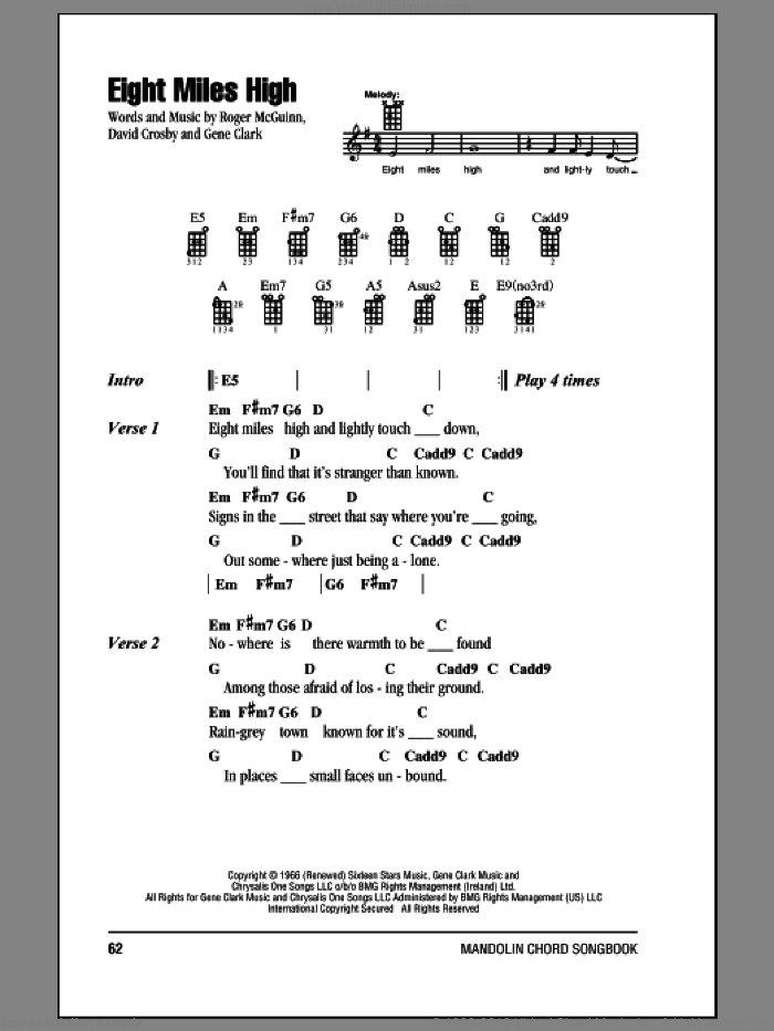 Eight Miles High sheet music for mandolin (chords only) by The Byrds, David Crosby, Gene Clark and Roger McGuinn, intermediate skill level