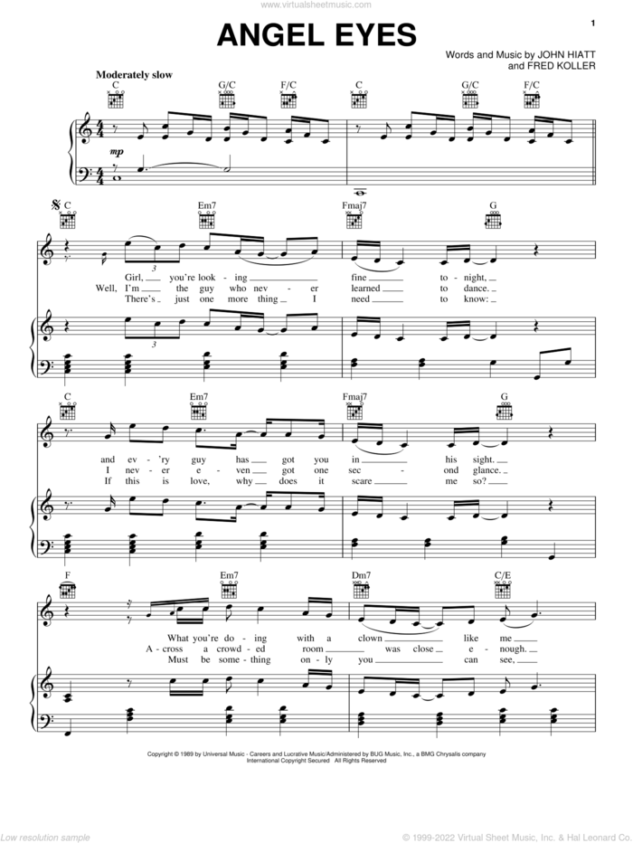 Angel Eyes sheet music for voice, piano or guitar by John Hiatt and Fred Koller, intermediate skill level