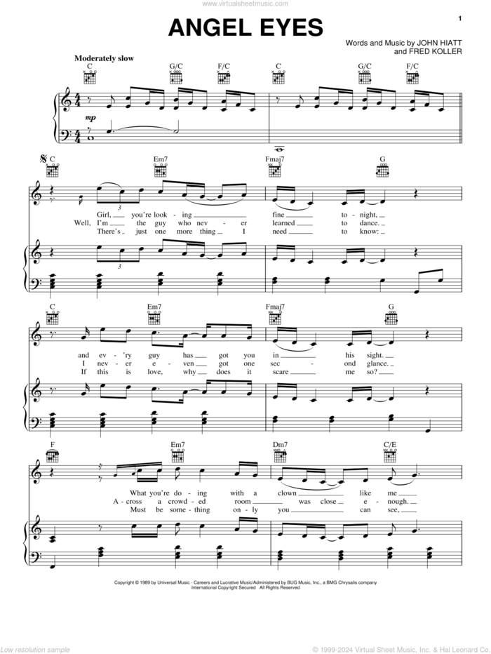 Angel Eyes sheet music for voice, piano or guitar by John Hiatt and Fred Koller, intermediate skill level
