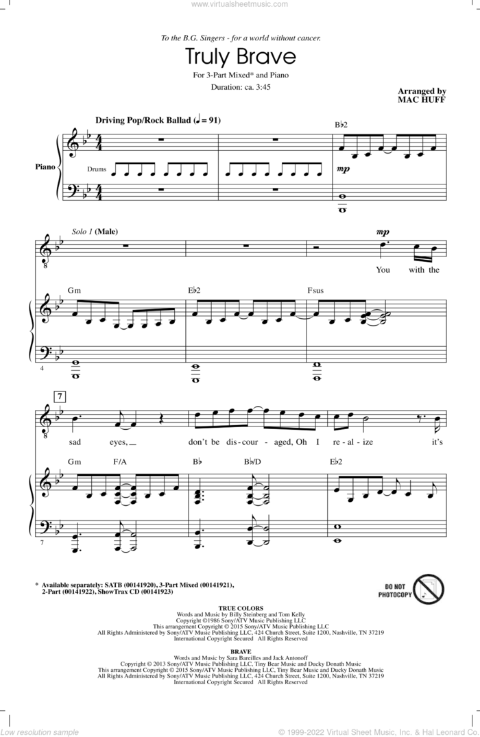 Truly Brave sheet music for choir (3-Part Mixed) by Sara Bareilles, Mac Huff, Billy Steinberg, Cyndi Lauper, Tom Kelly and Jack Antonoff, intermediate skill level
