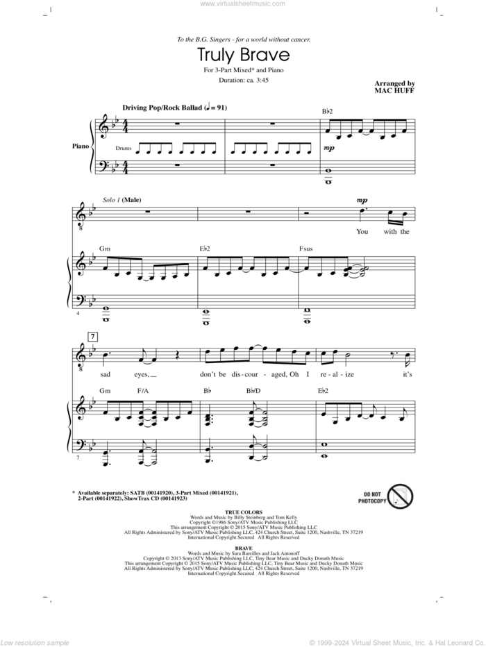 Truly Brave sheet music for choir (3-Part Mixed) by Sara Bareilles, Mac Huff, Billy Steinberg, Cyndi Lauper, Tom Kelly and Jack Antonoff, intermediate skill level