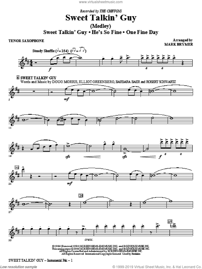 Sweet Talkin' Guy, music of the chiffons (medley) sheet music for orchestra/band (tenor sax) by Mark Brymer and The Chiffons, intermediate skill level
