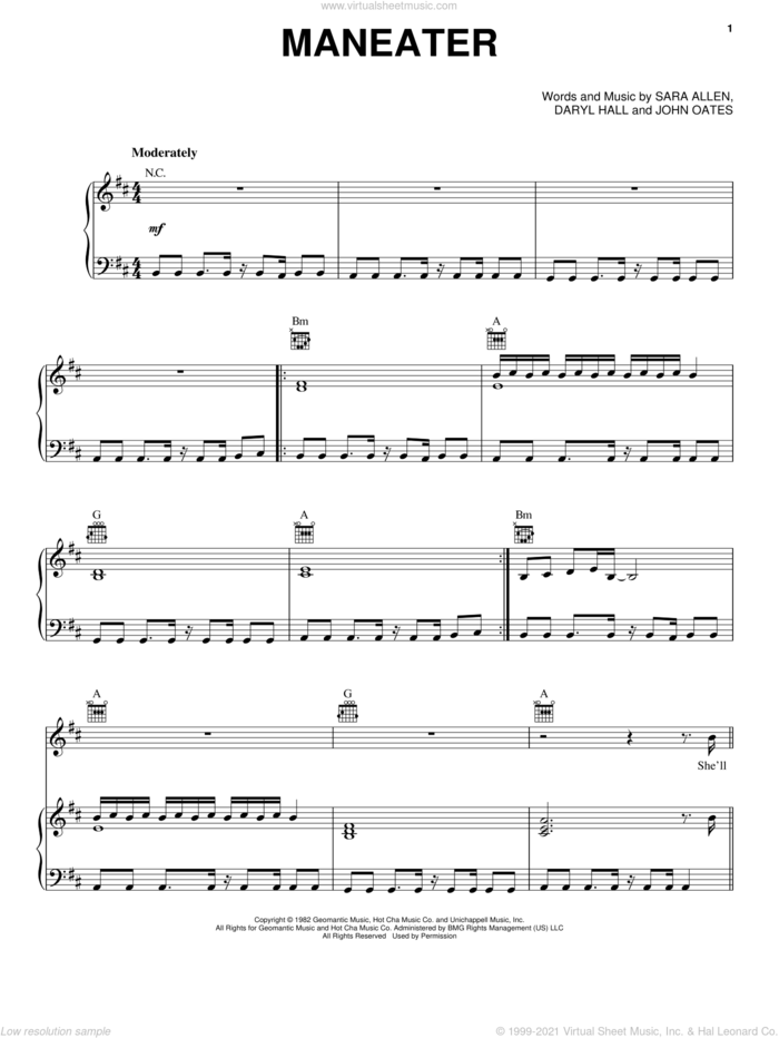 Maneater sheet music for voice, piano or guitar by Daryl Hall, Hall and Oates, John Oates and Sara Allen, intermediate skill level
