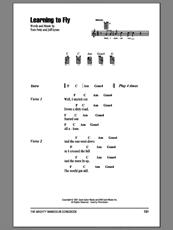 Learning To Fly sheet music for mandolin (chords only) by Tom Petty and Jeff Lynne, intermediate skill level