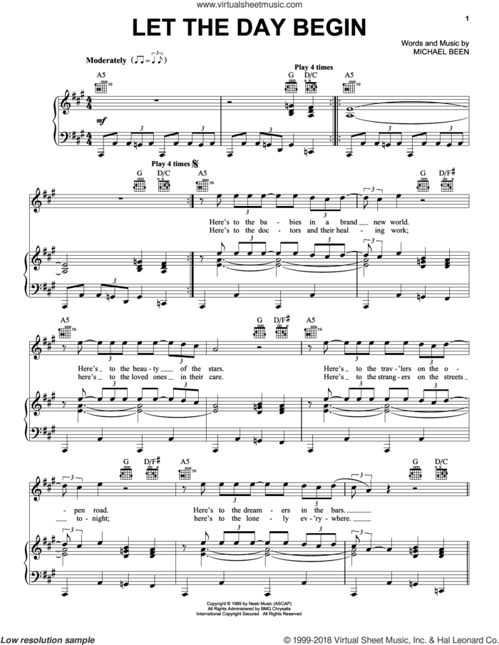 Let The Day Begin sheet music for voice, piano or guitar by The Call and Michael Been, intermediate skill level