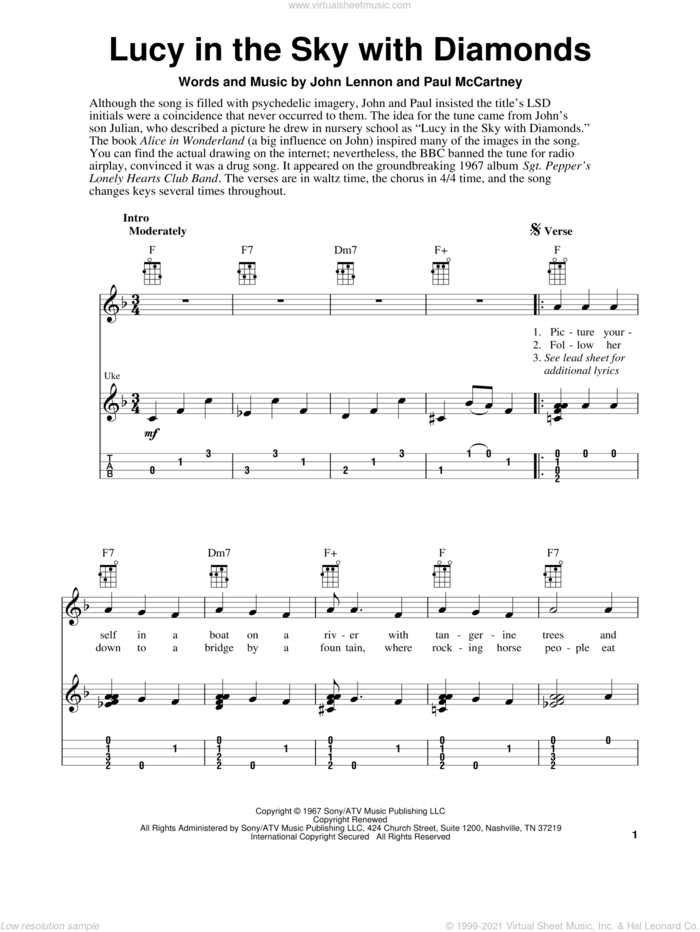 Lucy In The Sky With Diamonds sheet music for ukulele (easy tablature) (ukulele easy tab) by The Beatles, Elton John, Fred Sokolow, John Lennon and Paul McCartney, intermediate skill level