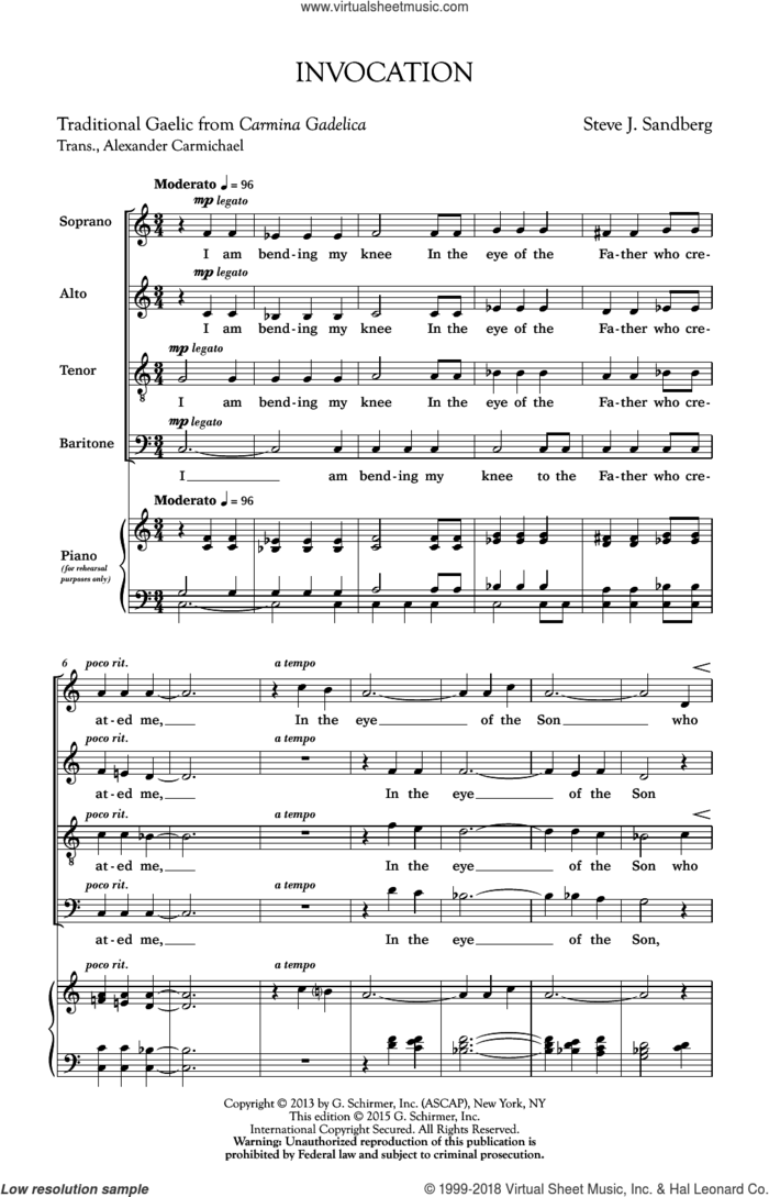 Invocation sheet music for choir (SATB: soprano, alto, tenor, bass) by Steve Sandberg, intermediate skill level