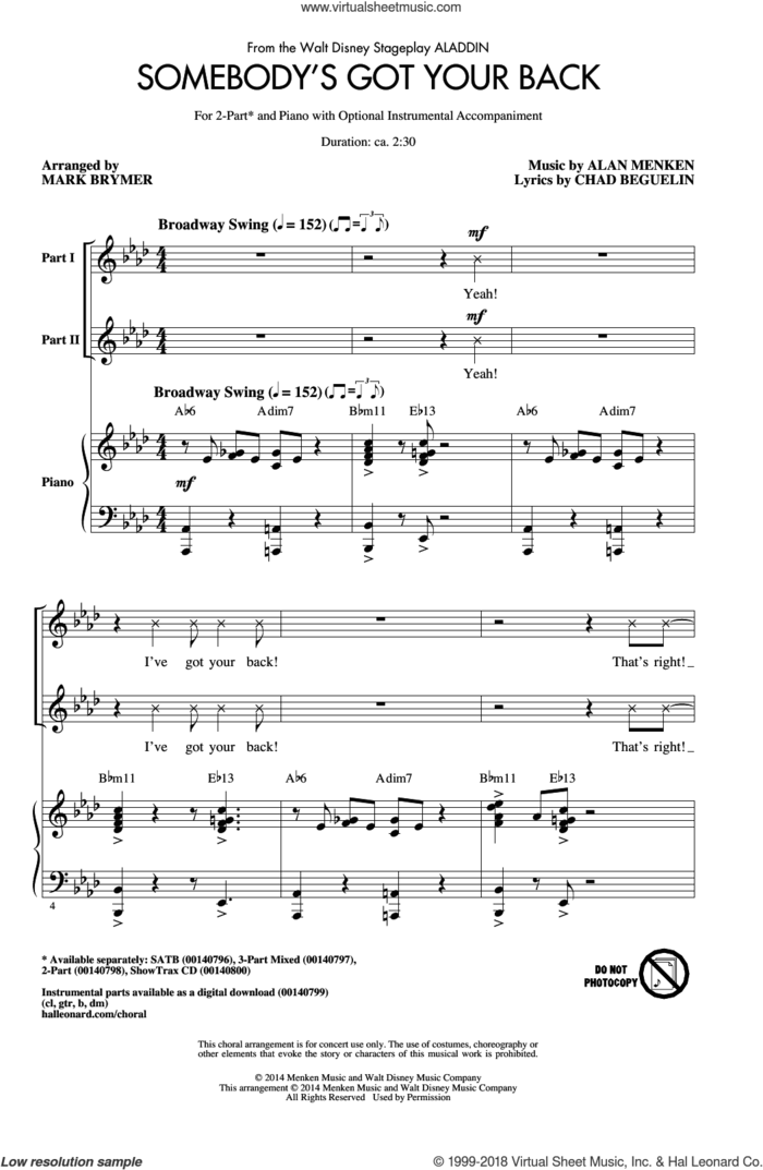 Somebody's Got Your Back sheet music for choir (2-Part) by Alan Menken, Mark Brymer and Chad Beguelin, intermediate duet